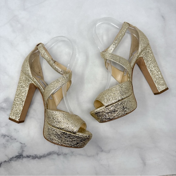 Jimmy Choo April 120 Metallic Foil Leather Platform Sandal Block Heels Gold 39 - Picture 4 of 16